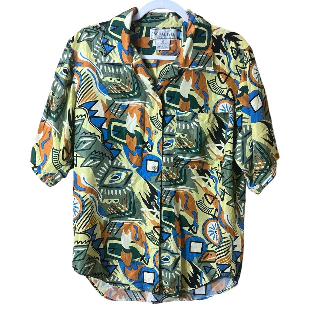 Vintage Casual Isle 100% Silk Button-Up Top Size M – Abstract Tropical Print Art